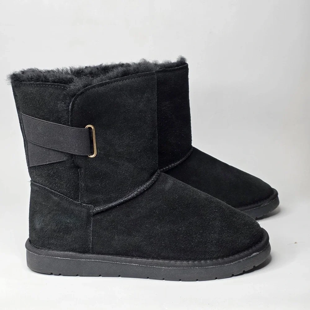 Serra Women's Winter Boots Size 9 Black Suede Lamb Fur Pull On Snow Shoes Buckle